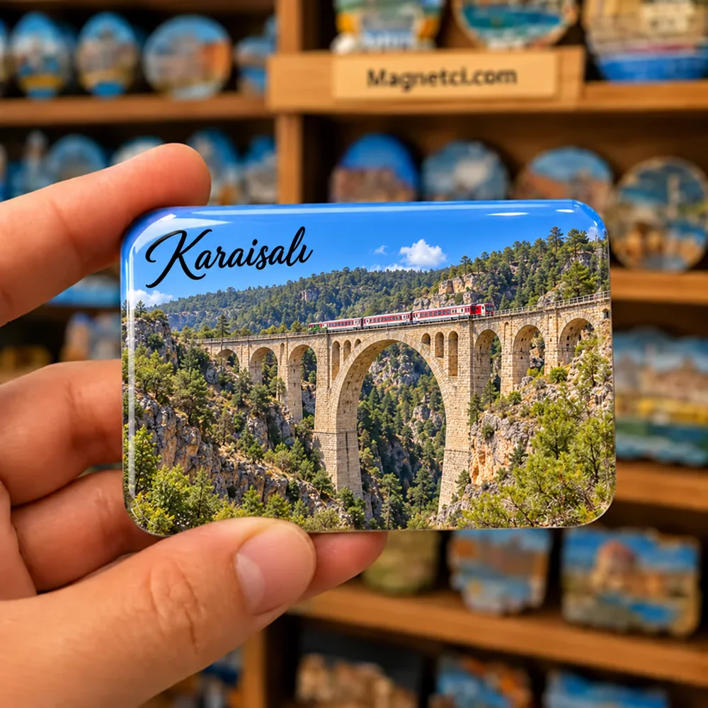 Karaisalı Varda Köprüsü ve üzerinden geçen tren temalı elde tutulan parlak epoksi souvenir magnet