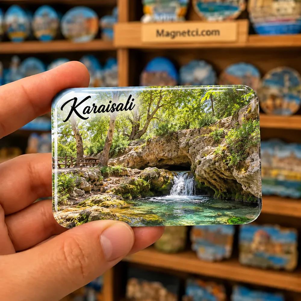 Karaisalı Yerköprü doğal kaya geçidi ve küçük çağlayan temalı elde tutulan parlak epoksi souvenir magnet