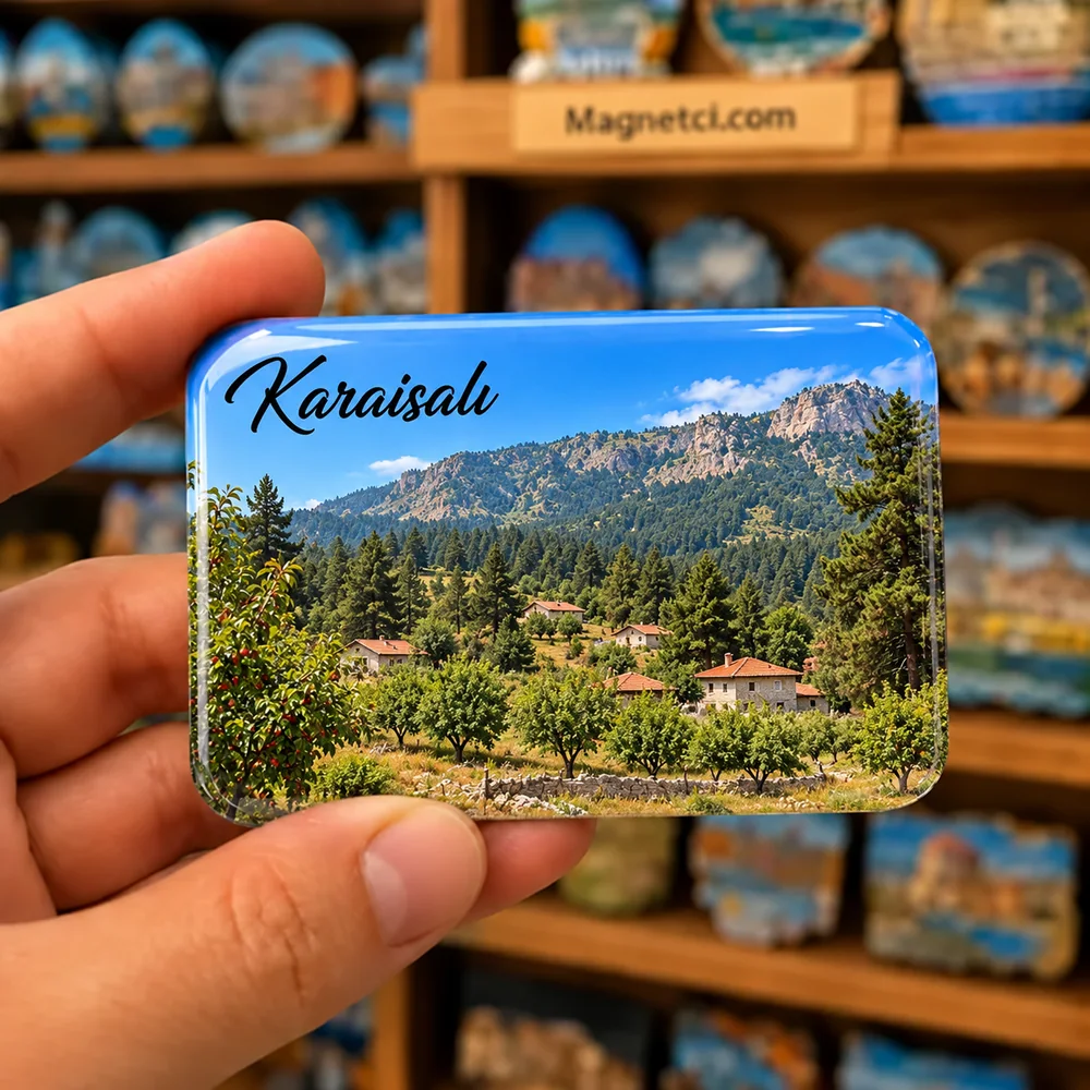 Karaisalı Kızıldağ Yaylası, çam ormanları ve meyve bahçeleri temalı elde tutulan parlak epoksi souvenir magnet