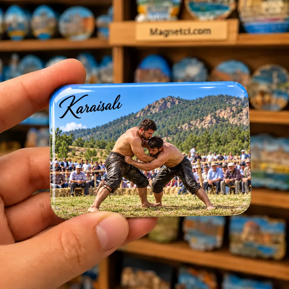 Kızıldağ Yaylası Karakucak Güreşleri temalı elde tutulan parlak epoksi souvenir magnet