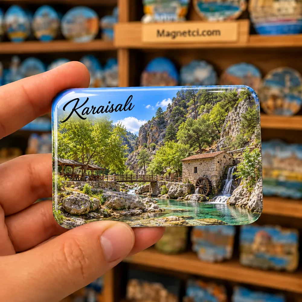 Karaisalı Dokuzoluk Kanyonu, kaynak suları ve tarihî değirmen temalı elde tutulan parlak epoksi souvenir magnet