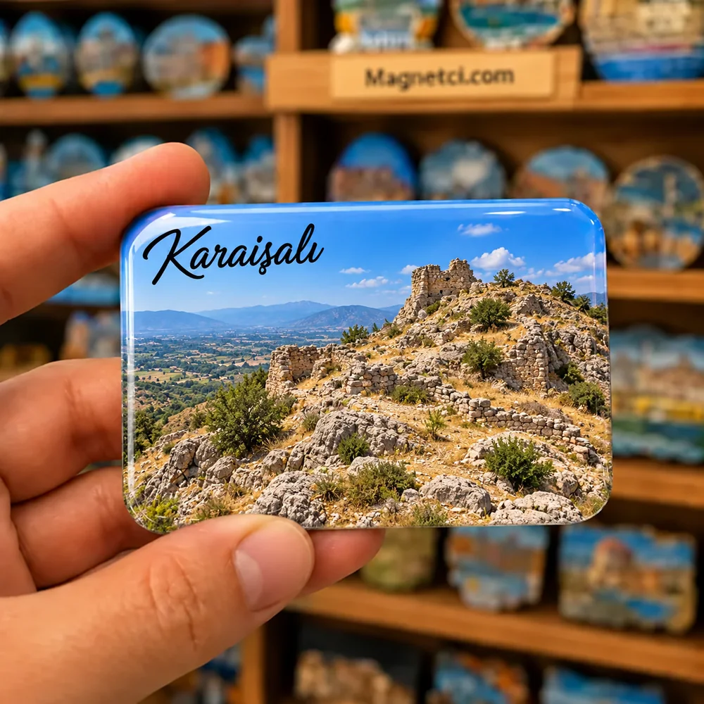 Karaisalı Milvan Kalesi taş duvar kalıntıları temalı elde tutulan parlak epoksi souvenir magnet