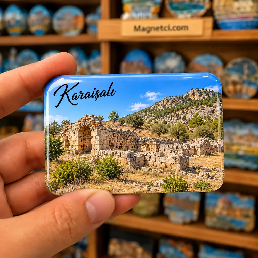 Karaisalı Kesiri Han ve Kırık Han taş kalıntıları temalı elde tutulan parlak epoksi souvenir magnet