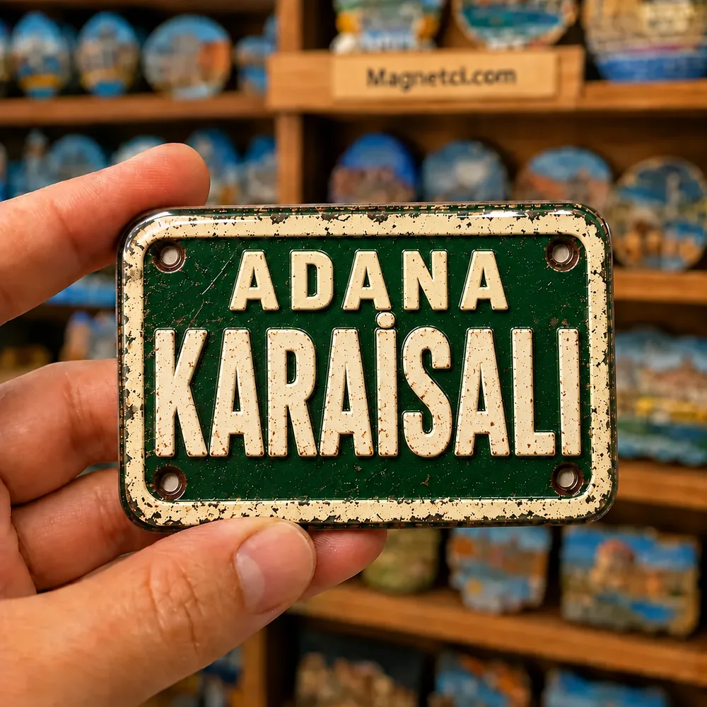 Adana Karaisalı yazılı yeşil ve beyaz tin plate görünümlü parlak epoksi souvenir magnet