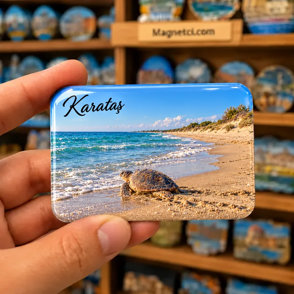 Adana Karataş Akdeniz sahili ve caretta caretta deniz kaplumbağası temalı elde tutulan parlak epoksi souvenir magnet
