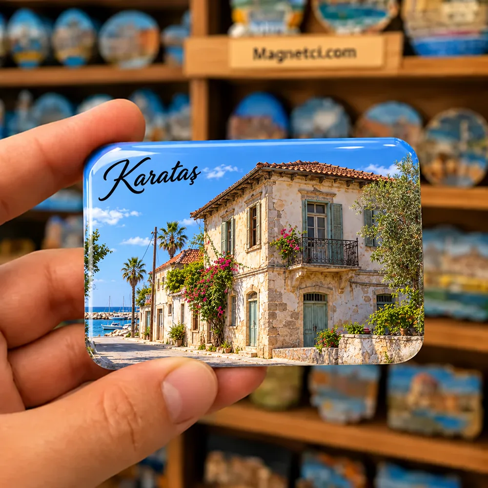 Adana Karataş tarihî taş kıyı evleri ve geleneksel sokak dokusu temalı elde tutulan parlak epoksi souvenir magnet