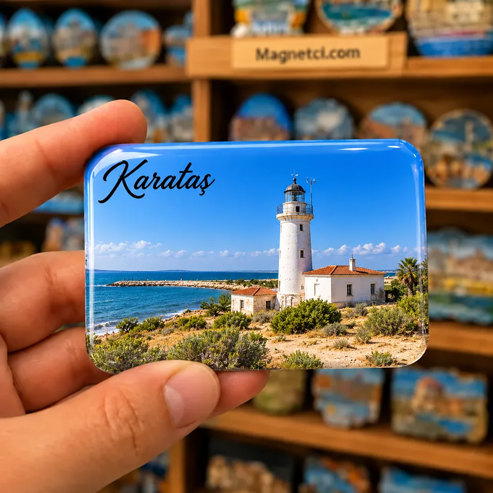 Adana Karataş beyaz deniz feneri ve Akdeniz kıyısı temalı elde tutulan parlak epoksi souvenir magnet