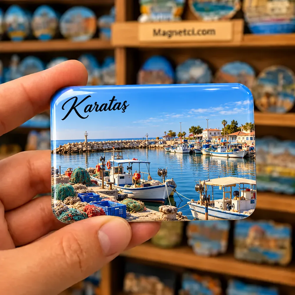 Adana Karataş Balıkçı Barınağı tekneleri, ağları ve mendireği temalı elde tutulan parlak epoksi souvenir magnet