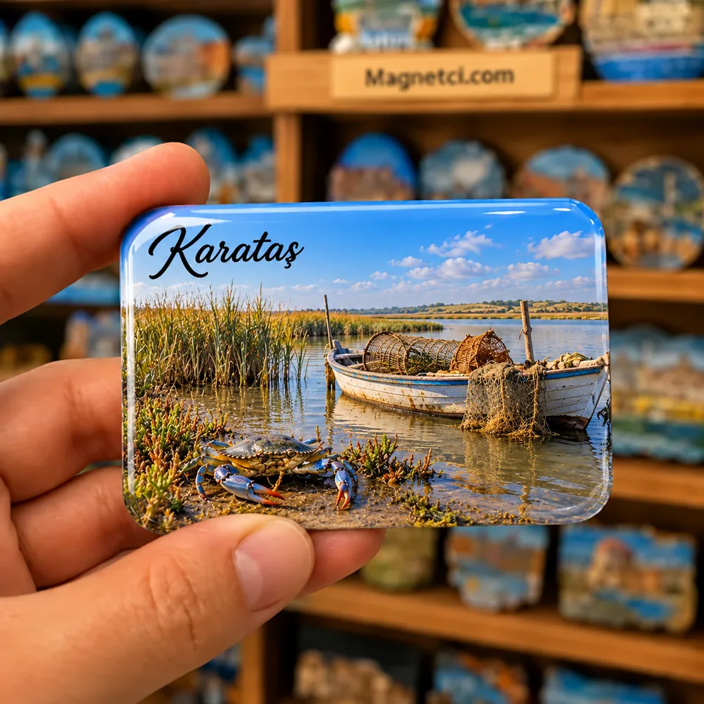 Adana Karataş lagün balıkçılığı, sazlık teknesi ve mavi yengeç temalı elde tutulan parlak epoksi souvenir magnet