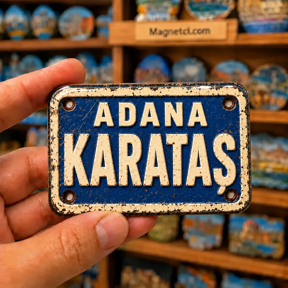 Adana Karataş yazılı mavi ve beyaz tin plate görünümlü parlak epoksi souvenir magnet