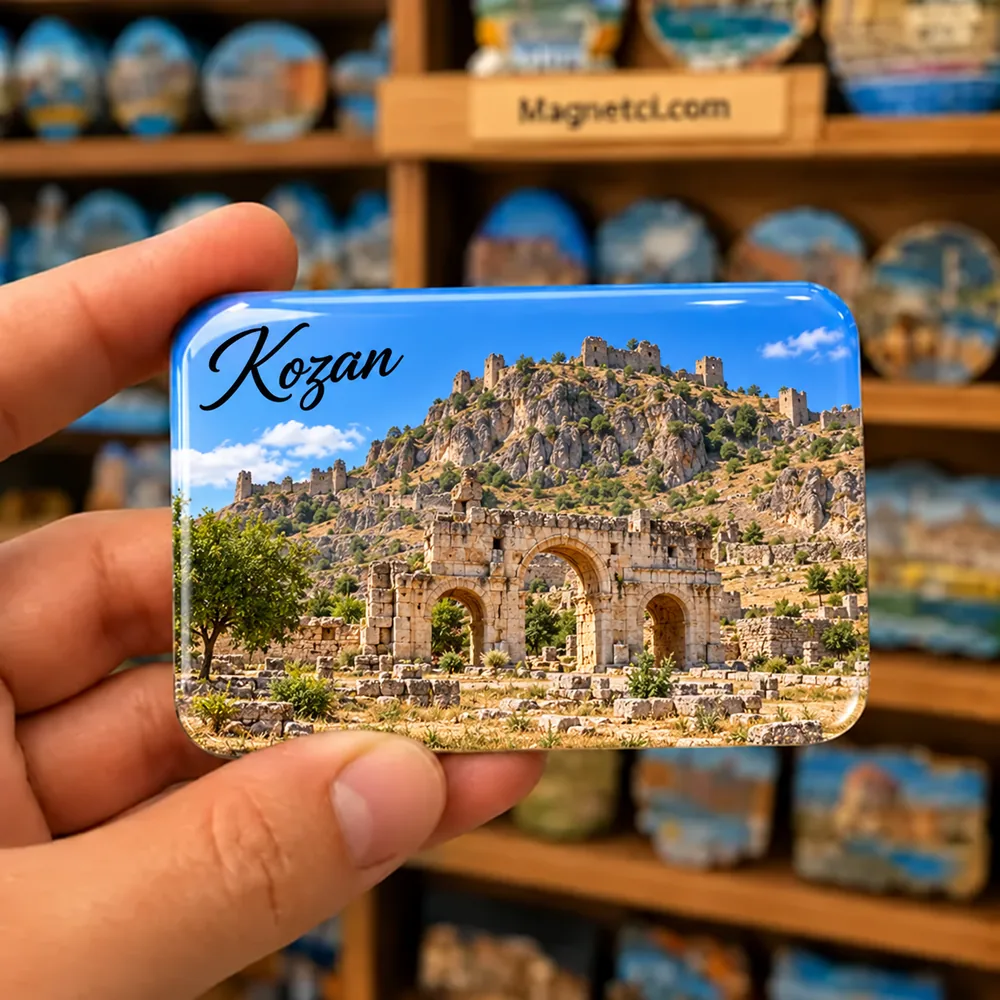 Adana Kozan Anavarza Antik Kenti Ala Kapısı ve kayalık sırt kalesi temalı elde tutulan parlak epoksi souvenir magnet