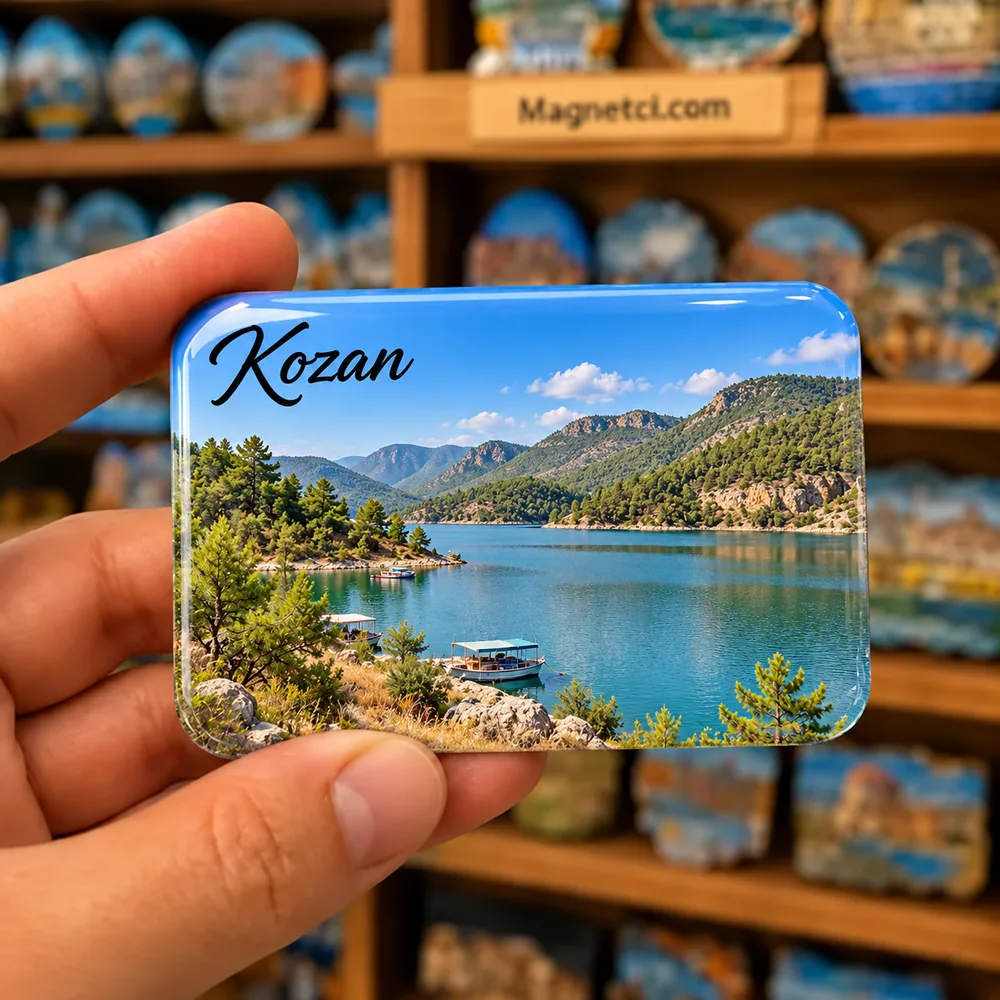 Adana Kozan Baraj Gölü, ormanlık yamaçları ve küçük tekneler temalı elde tutulan parlak epoksi souvenir magnet