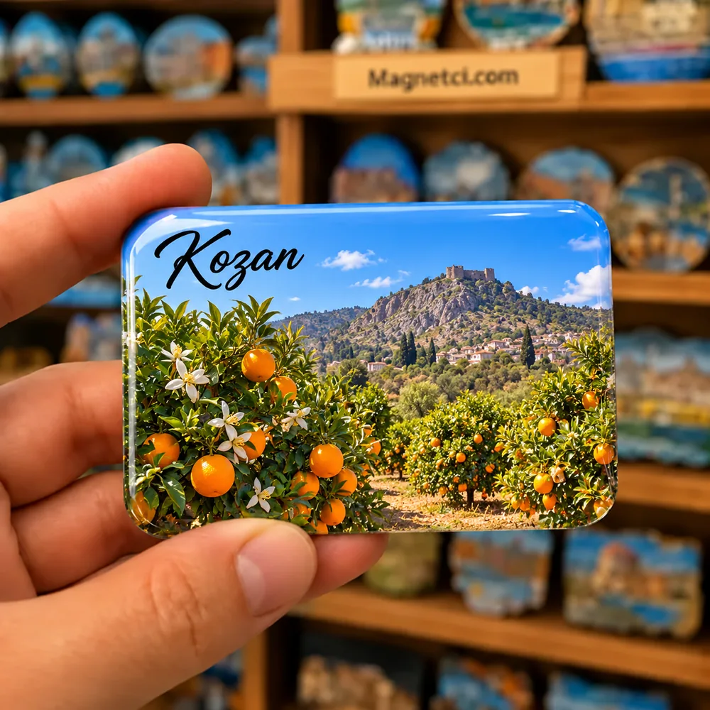 Adana Kozan olgun portakallar ve çiçekli narenciye bahçesi temalı elde tutulan parlak epoksi souvenir magnet