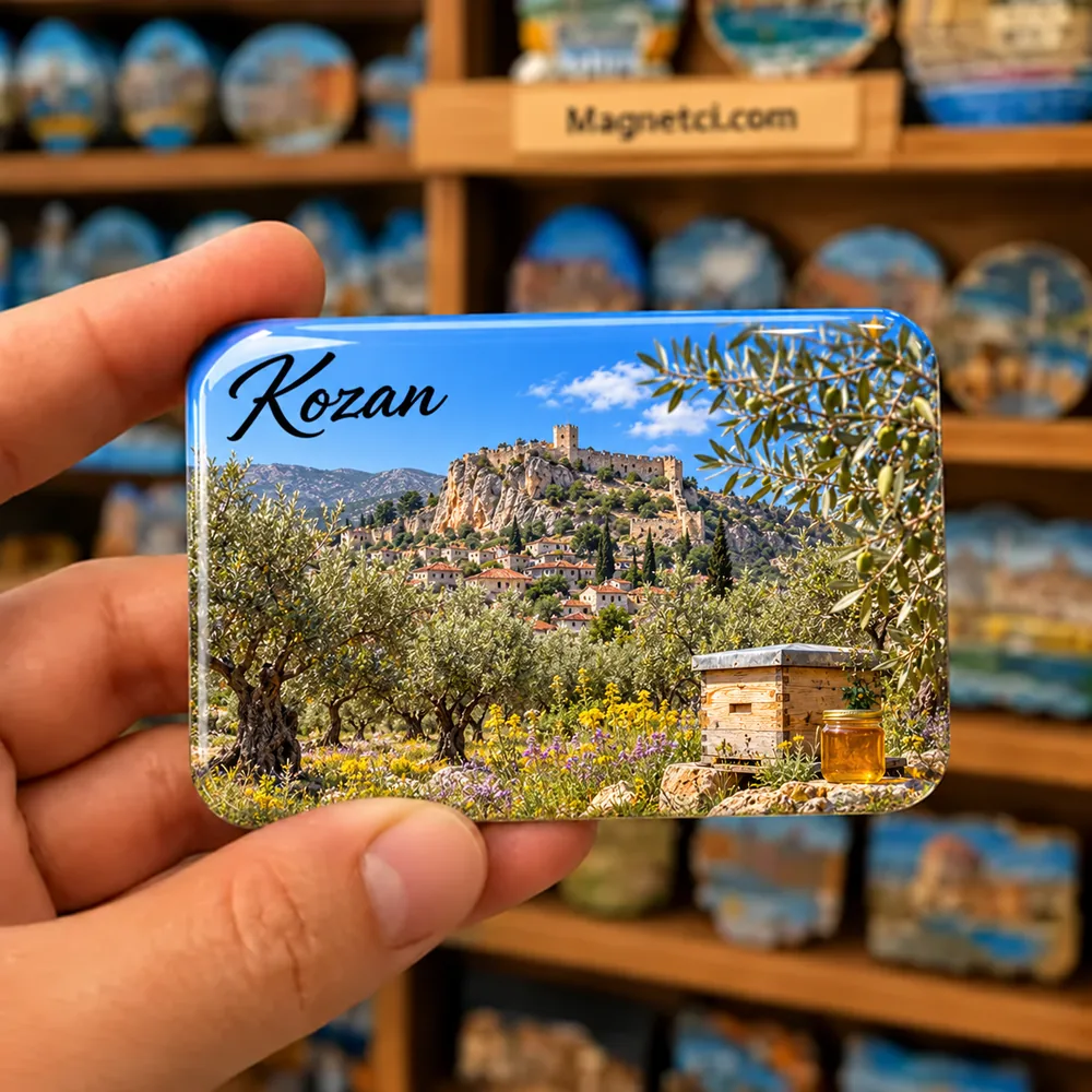 Adana Kozan Kuytucak zeytinliği, arı kovanı ve Anavarza balı temalı elde tutulan parlak epoksi souvenir magnet