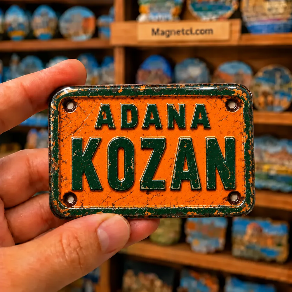 Adana Kozan yazılı turuncu ve yeşil tin plate görünümlü parlak epoksi souvenir magnet
