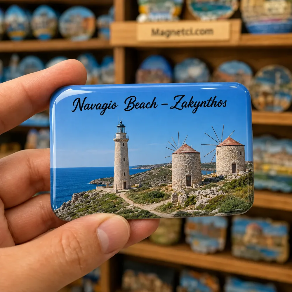 Navagio Beach Zakynthos Skinari Deniz Feneri ve Yel Değirmenleri epoksi magnet NAV-05