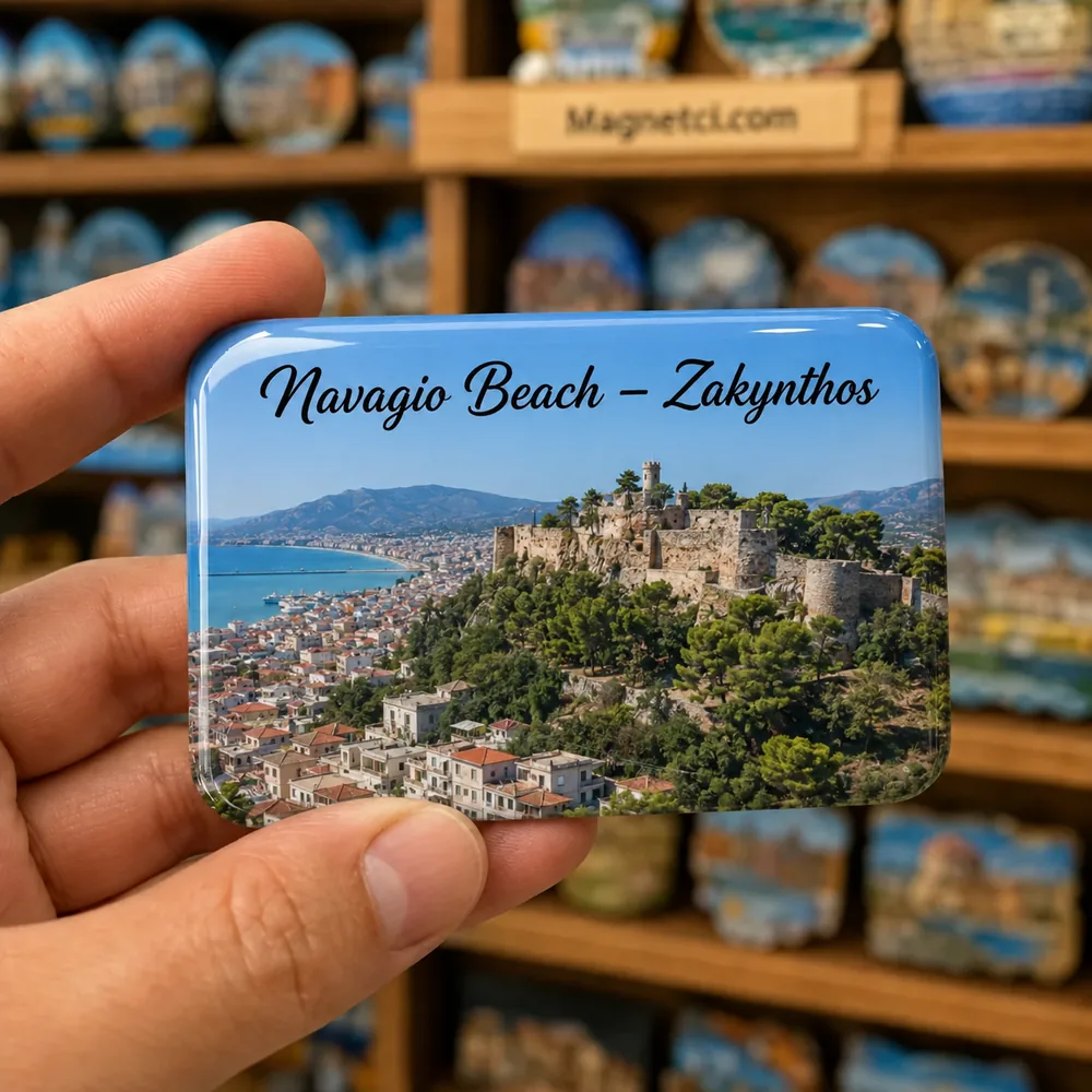 Navagio Beach Zakynthos Bochali Tepesi ve Zakynthos Kalesi epoksi magnet NAV-11