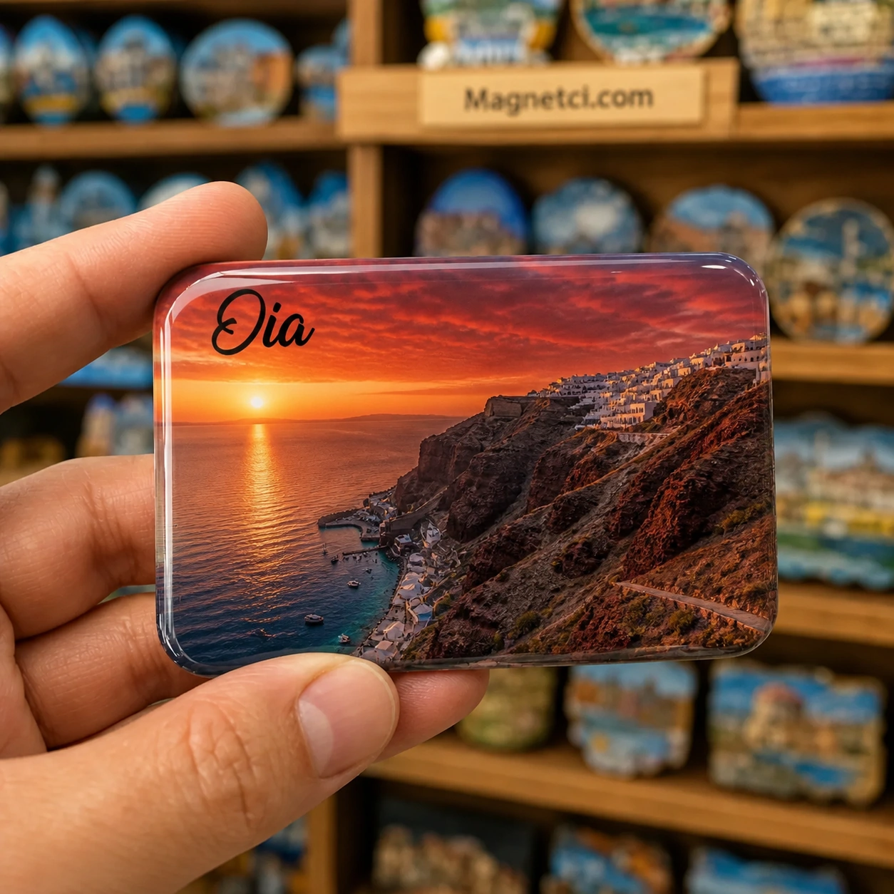 Oia Gün Batımı Panoraması epoksi magnet