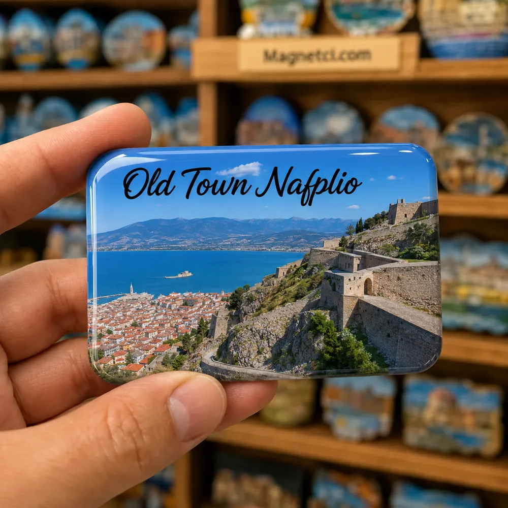 Old Town Nafplio Palamidi Kalesi temalı parlak epoksi souvenir magnet