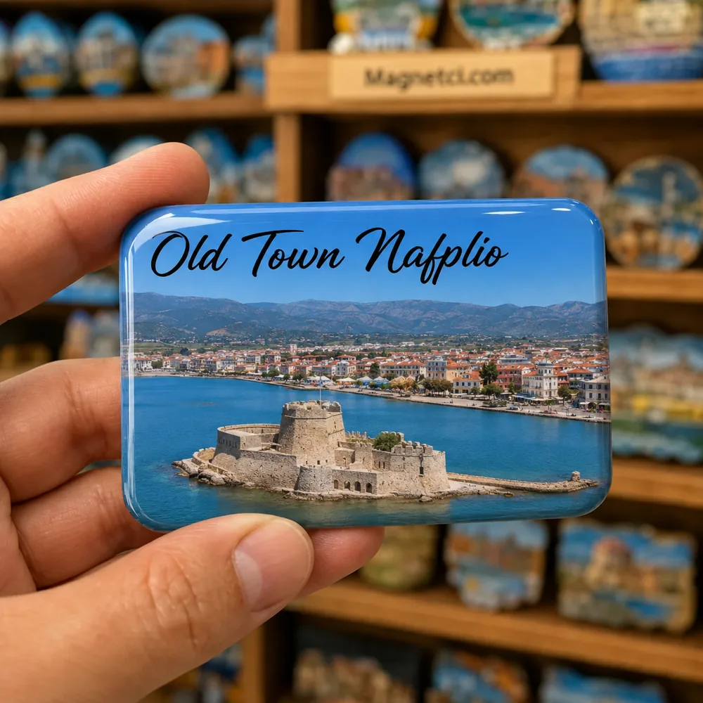 Old Town Nafplio Bourtzi Kalesi temalı parlak epoksi souvenir magnet