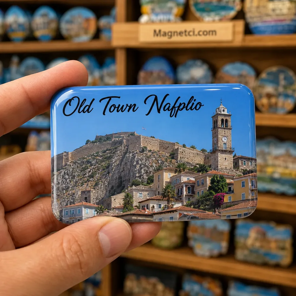 Old Town Nafplio Akronafplia Surları ve Saat Kulesi temalı parlak epoksi souvenir magnet