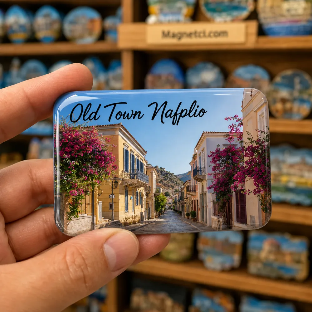 Old Town Nafplio Bouboulina ve Staikopoulou Begonvilli Sokakları temalı parlak epoksi souvenir magnet