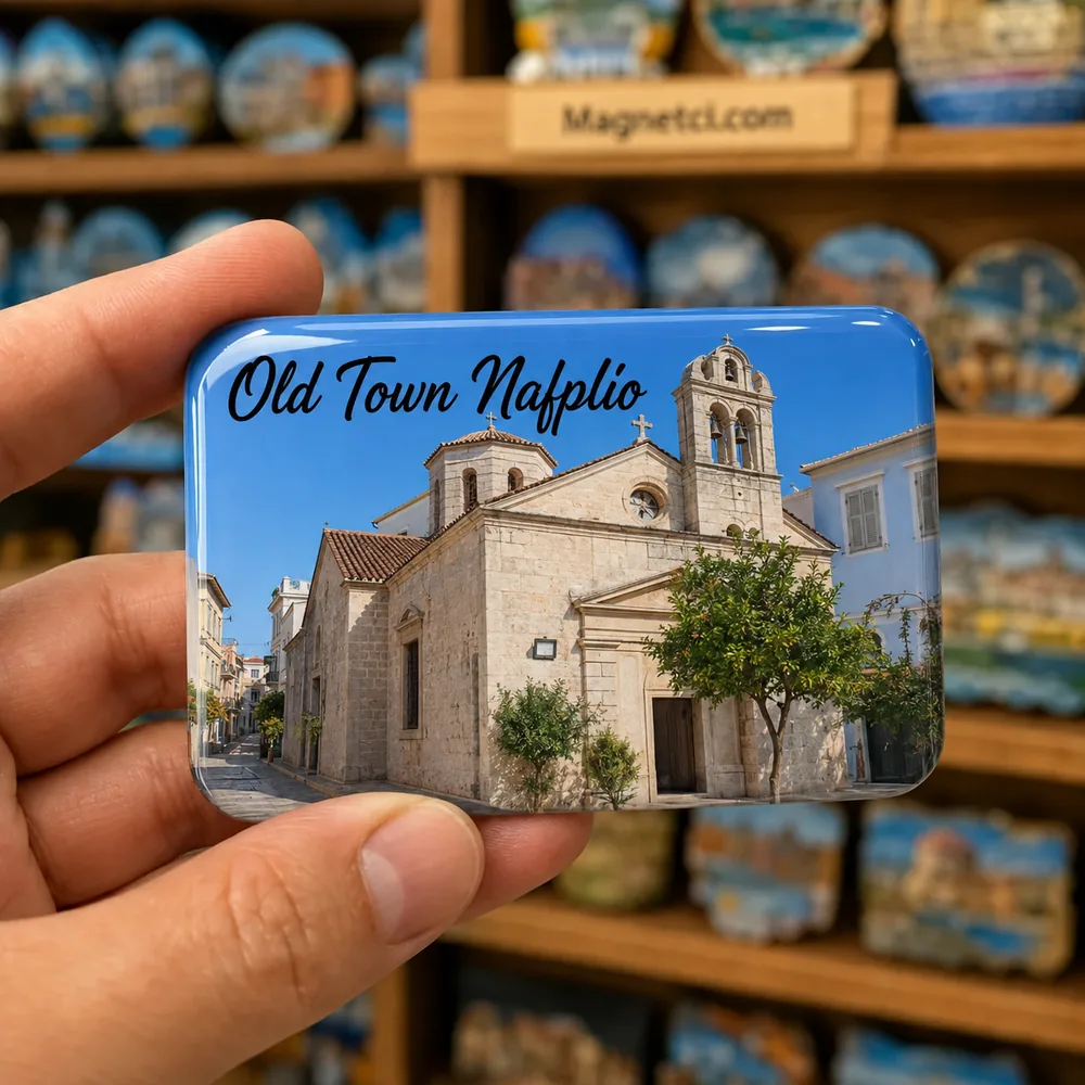 Old Town Nafplio Agios Spyridon Kilisesi temalı parlak epoksi souvenir magnet