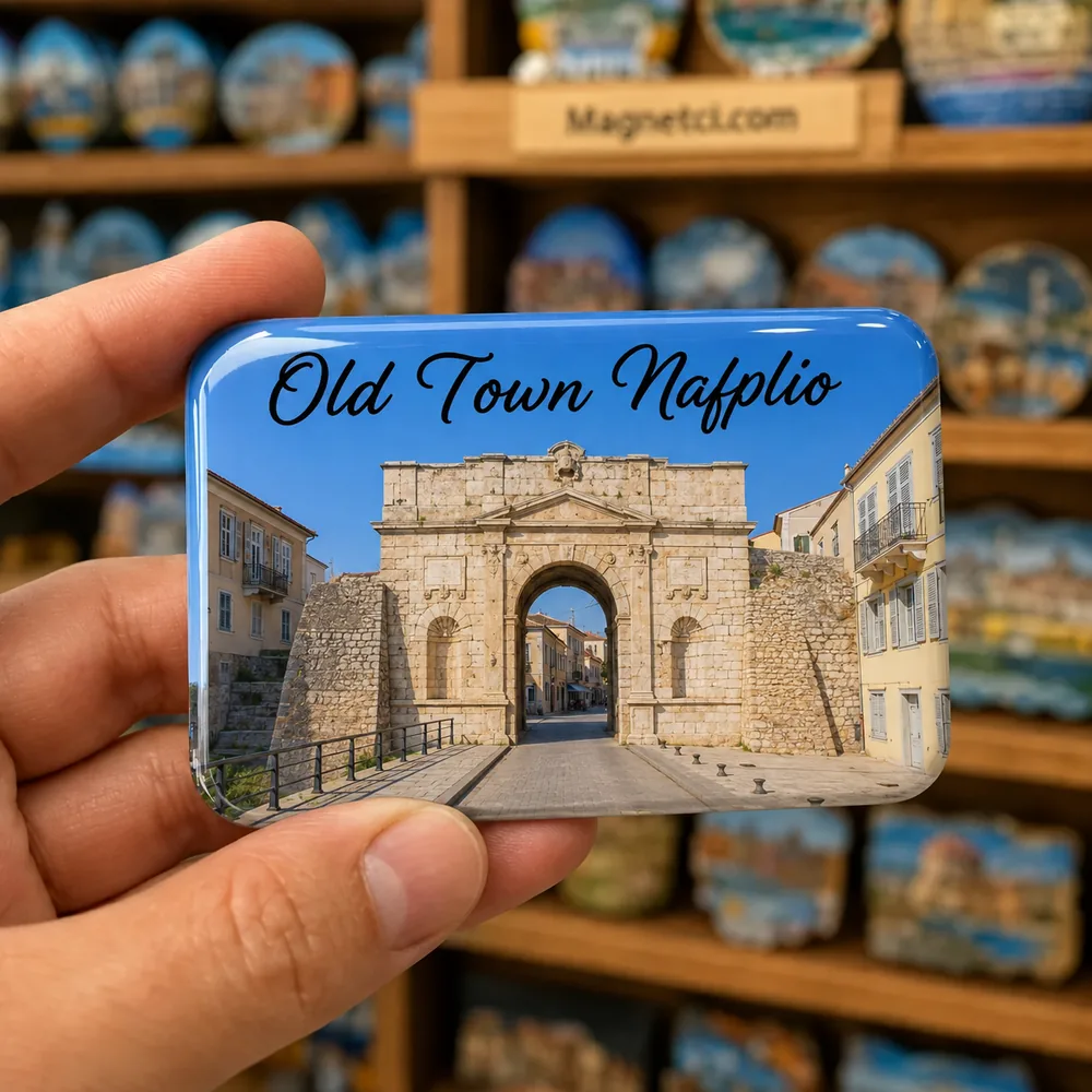 Old Town Nafplio Land Gate - Tarihî Şehir Kapısı temalı parlak epoksi souvenir magnet