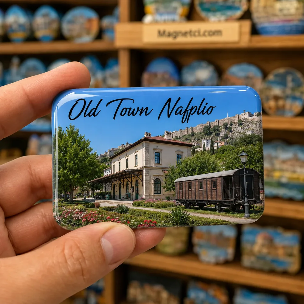 Old Town Nafplio Eski Gar Binası ve Parkı temalı parlak epoksi souvenir magnet