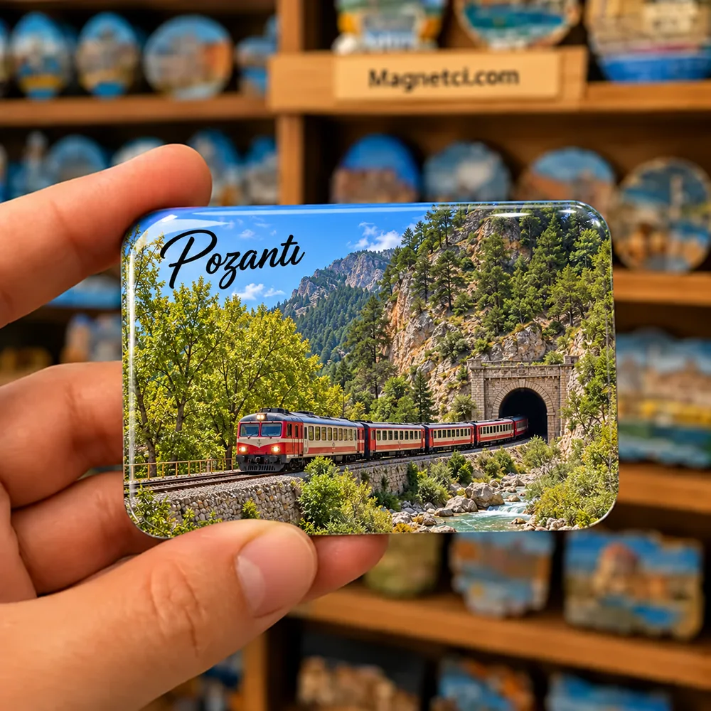 Pozantı Belemedik Tabiat Parkı treni ve demiryolu tüneli temalı elde tutulan parlak epoksi souvenir magnet