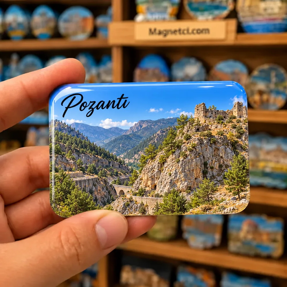 Pozantı Gülek Boğazı ve Gülek Kalesi temalı elde tutulan parlak epoksi souvenir magnet