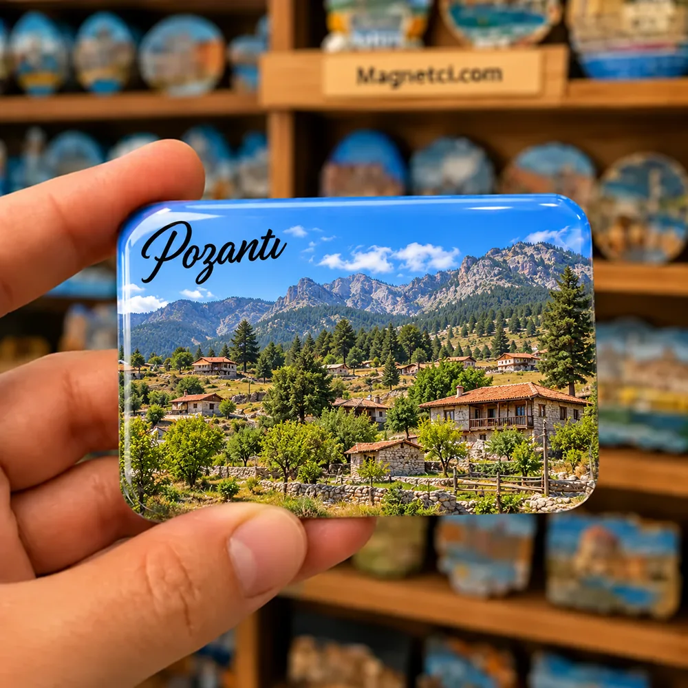 Pozantı Akçatekir Yaylası taş ve ahşap evleri temalı elde tutulan parlak epoksi souvenir magnet