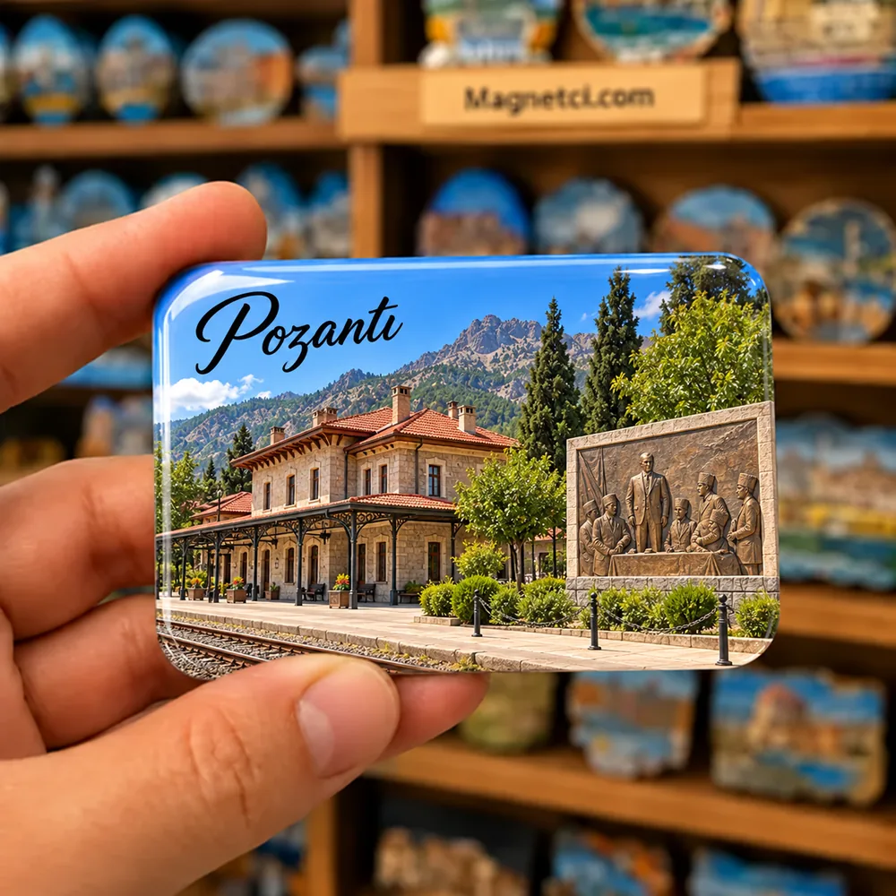 Pozantı Kongresi anıtı ve tarihî ilk istasyon temalı elde tutulan parlak epoksi souvenir magnet