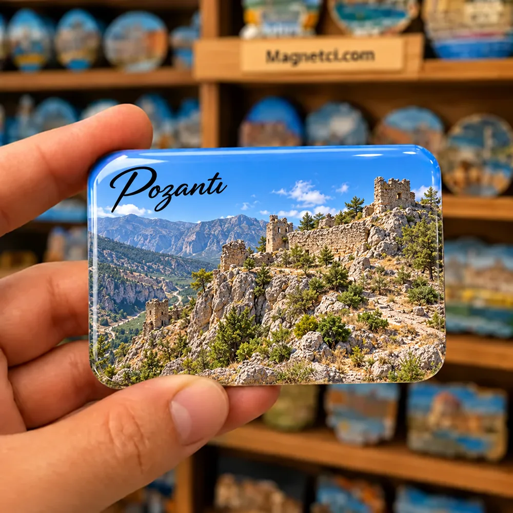 Pozantı Anahşa Kalesi taş kalıntıları temalı elde tutulan parlak epoksi souvenir magnet