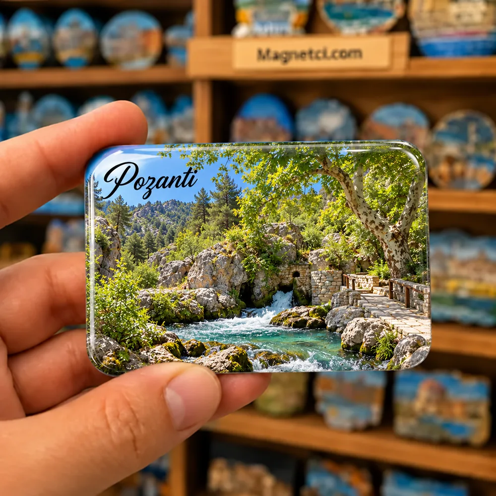 Pozantı Şekerpınarı ve akarsu kanyonu temalı elde tutulan parlak epoksi souvenir magnet