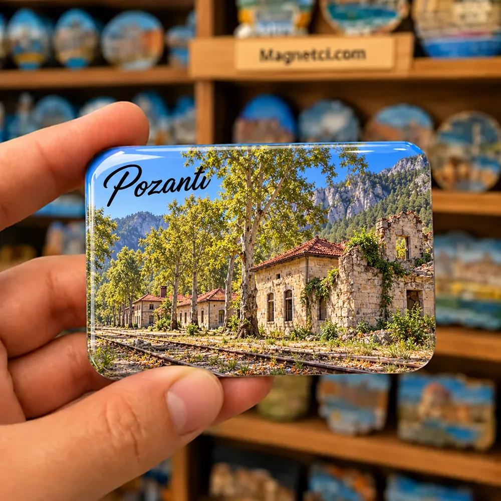 Pozantı Belemedik tarihî Alman demiryolu taş binaları temalı elde tutulan parlak epoksi souvenir magnet