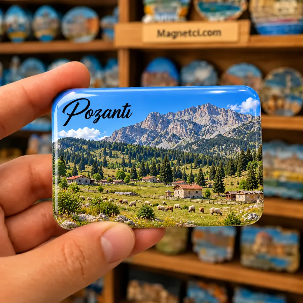 Pozantı Kamışlı Yaylası ve Karanfil Dağı silüeti temalı elde tutulan parlak epoksi souvenir magnet