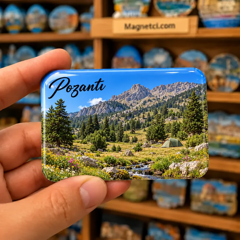 Pozantı Armutoğlu Yaylası ve Sarımsak Dağı temalı elde tutulan parlak epoksi souvenir magnet