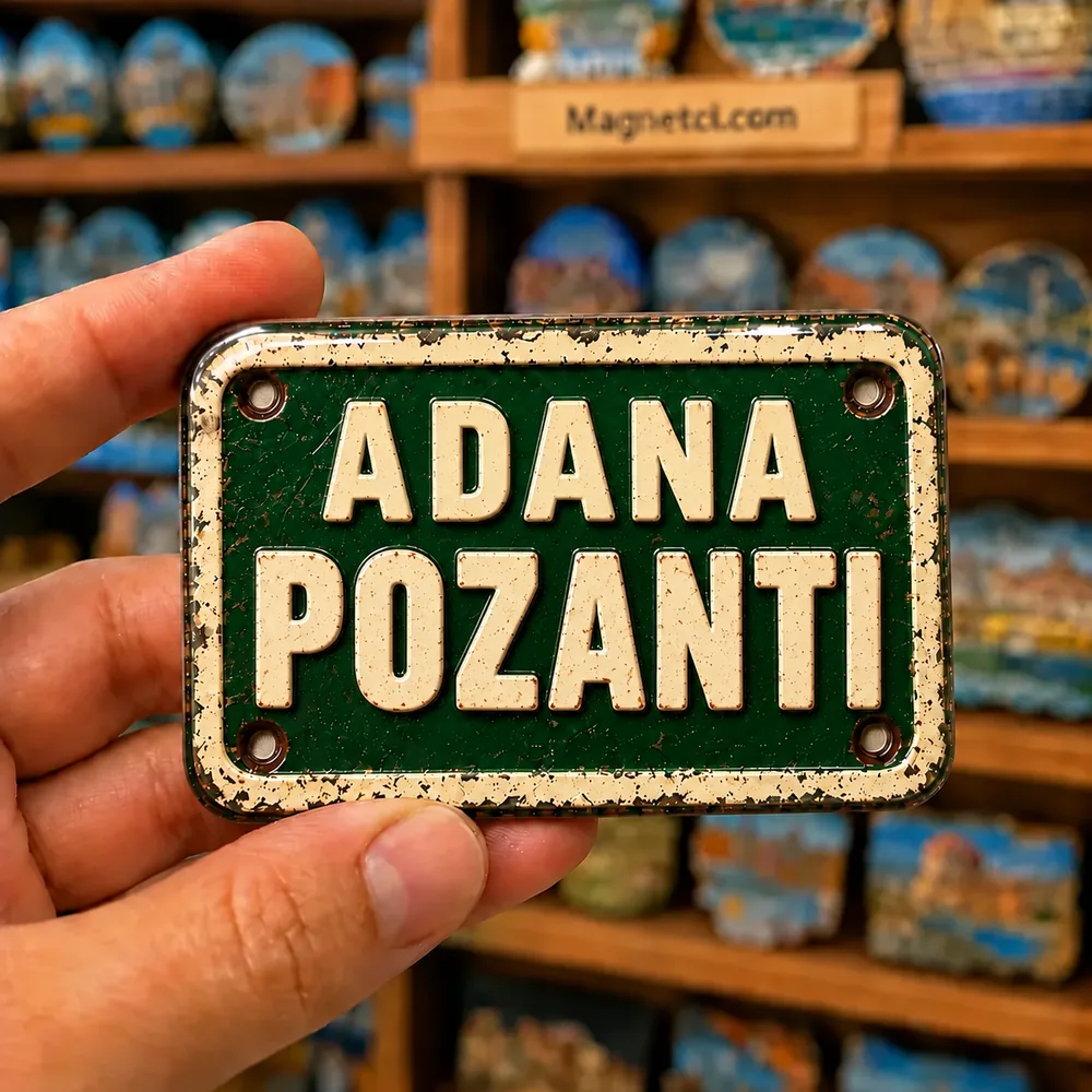 Adana Pozantı yazılı yeşil ve beyaz tin plate görünümlü parlak epoksi souvenir magnet