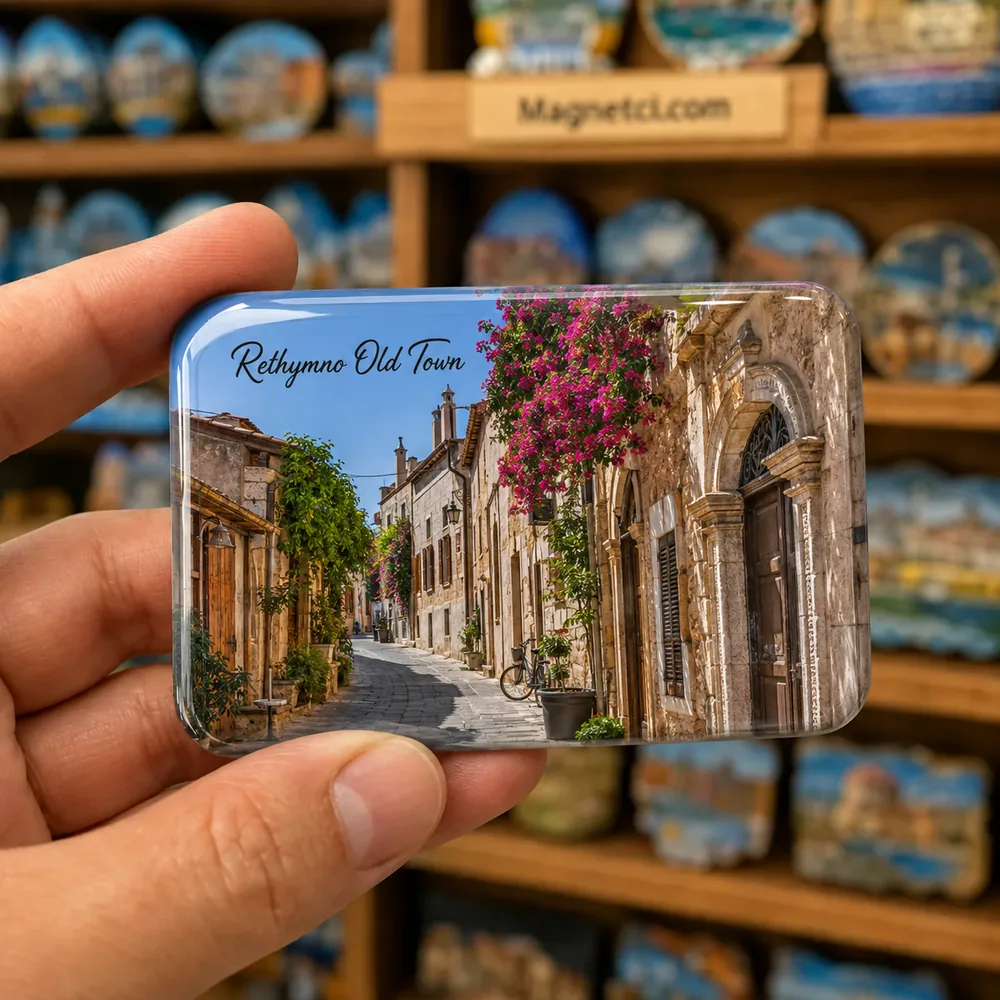 Rethymno Old Town Begonvilli Dar Sokaklar ve Venedik Kapıları epoksi magnet RET-04