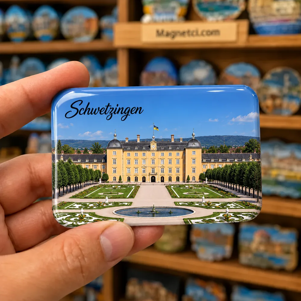 Schwetzingen Schloss Schwetzingen temalı elde tutulan parlak epoksi souvenir magnet örneği