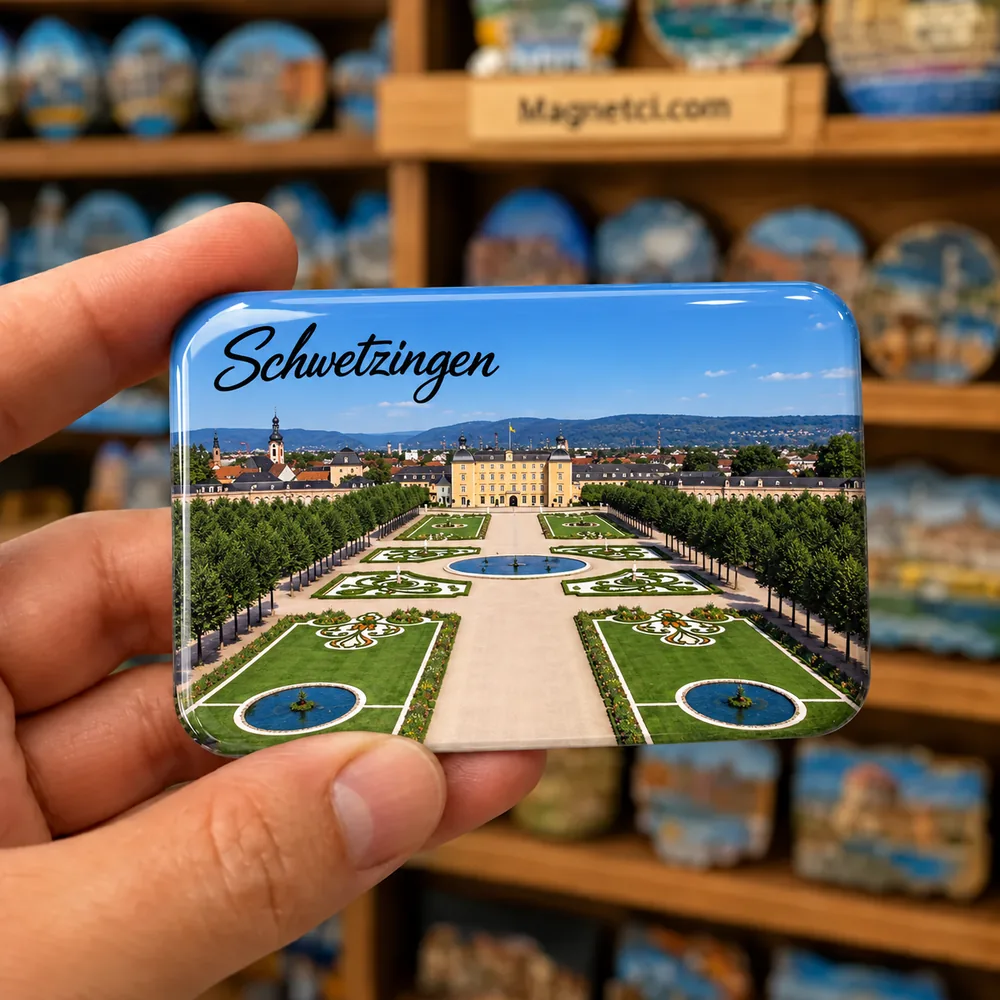 Schwetzingen Schlossgarten temalı elde tutulan parlak epoksi souvenir magnet örneği