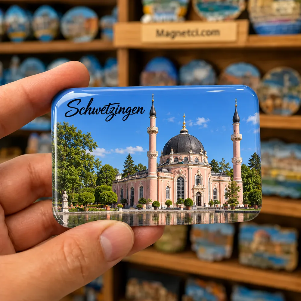 Schwetzingen Moschee im Schlossgarten temalı elde tutulan parlak epoksi souvenir magnet örneği