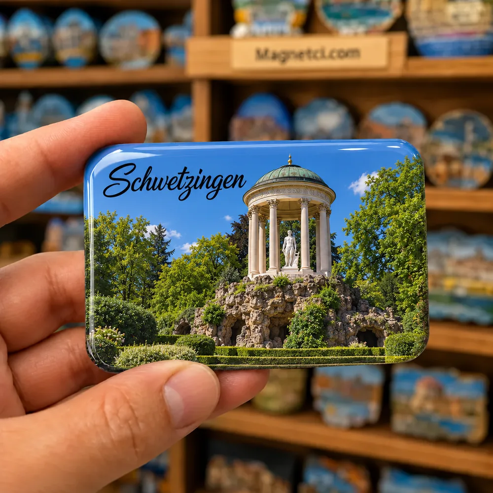 Schwetzingen Apollotempel temalı elde tutulan parlak epoksi souvenir magnet örneği