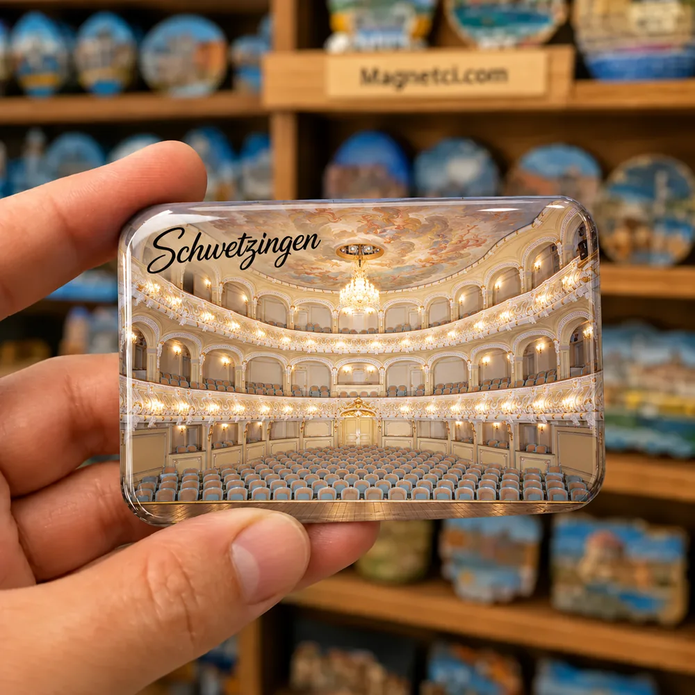 Schwetzingen Schlosstheater temalı elde tutulan parlak epoksi souvenir magnet örneği