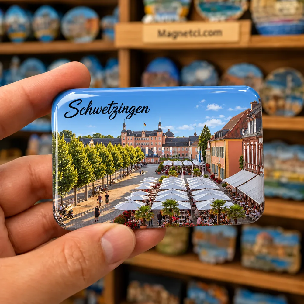 Schwetzingen Schlossplatz temalı elde tutulan parlak epoksi souvenir magnet örneği