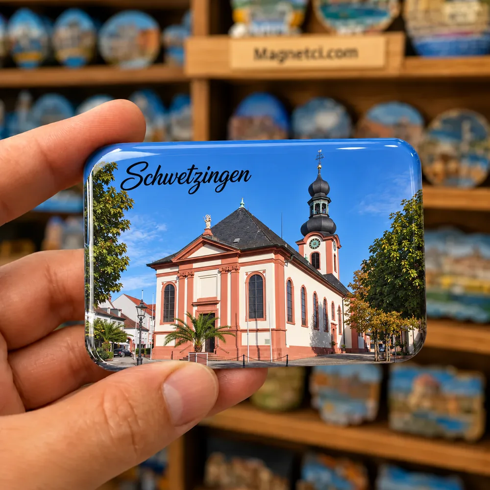 Schwetzingen St. Pankratius temalı elde tutulan parlak epoksi souvenir magnet örneği