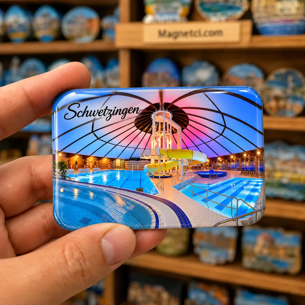 Schwetzingen Bellamar temalı elde tutulan parlak epoksi souvenir magnet örneği