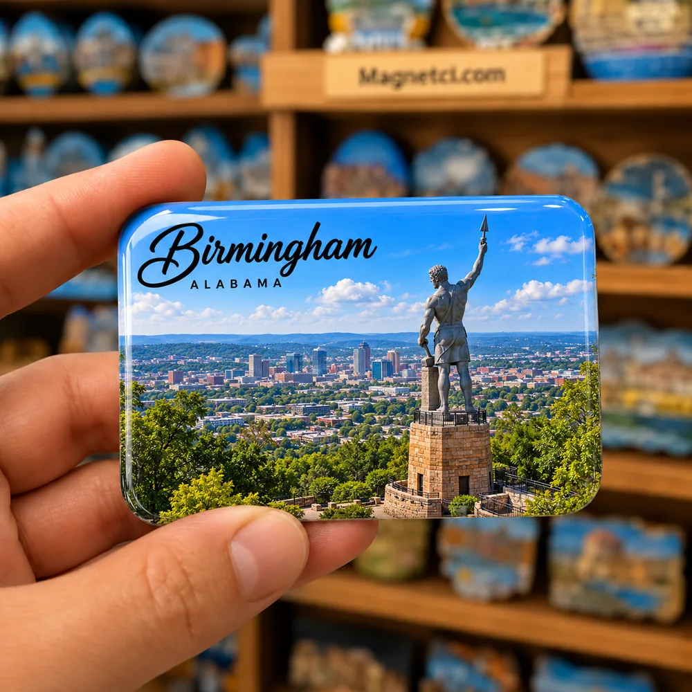 Birmingham Vulcan Heykeli ve şehir panoraması epoksi souvenir magnet USA-ALB-VUL-02